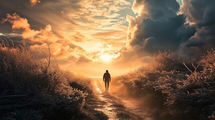 The image captures a serene and dramatic scene during either sunrise or sunset. In the foreground, a path cuts through frost-covered vegetation on either side, leading the eye towards a solitary figur