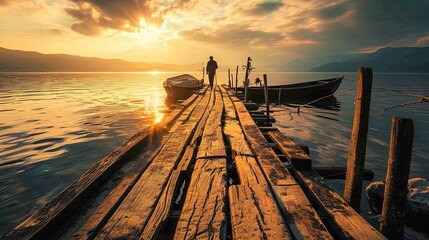 An old wooden dock extends over a calm lake, leading to a small boat moored to the right. A person stands at the end of the pier, silhouetted against a vibrant sunset that casts warm hues across the w