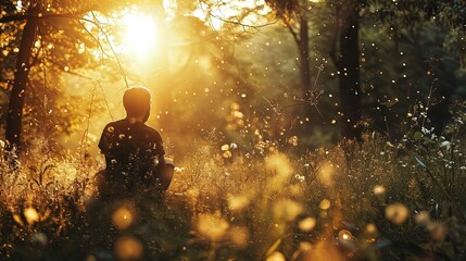 The photo captures a serene moment in a forest at what appears to be sunrise or sunset. A person is seen sitting amidst the undergrowth, facing away from the camera towards the sunlight that warmly il - obrazy, fototapety, plakaty
