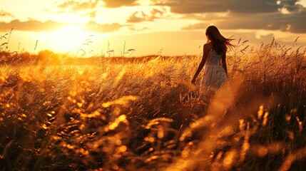 A woman in an elegant white dress is standing amidst a field of tall grass bathed in the golden glow of a setting sun. The sunlight filters through the field, creating a warm, luminous atmosphere, and - Powered by Adobe