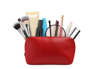 Cosmetic bag filled with makeup products on white background