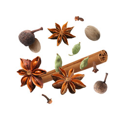 Different aromatic spices falling on white background
