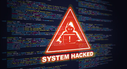 Abstract Modern tech of Programming code screen with Warning alert of System hacked. Virus, Malware, Cyber attack, and Internet cyber security Concept. 3D illustration.