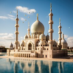 Naklejka premium The grand mosque stands tall and majestic against the backdrop of a clear blue sky, its intricate architecture and towering minarets a testament to its cultural significance, with generative ai
