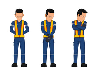 Set of construction worker in the position of looking at something on the floor