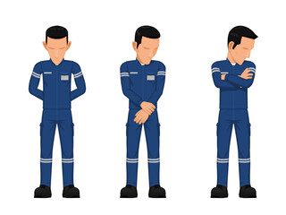 Set of construction worker in the position of looking at something on the floor