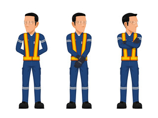 Set of construction worker in the position of looking at something beside himself