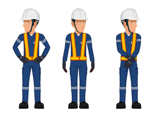 Set of construction worker in the position of looking at something beside himself