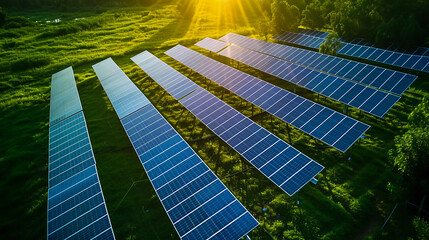Ariel view of solar panels in sunny fields with sunlight background.sustainable energy concept.