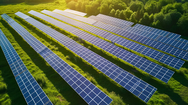 Ariel view of solar panels in sunny fields with sunlight background.sustainable energy concept.