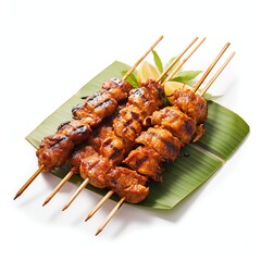 a grilled sate lilit, traditional balinese minced seafood or chicken satay with bamboo skewer, studio light , isolated on white background - obrazy, fototapety, plakaty