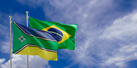 Official flags of the country Brazil and federal state of Amapa. Swaying in the wind under the blue sky. 3d rendering