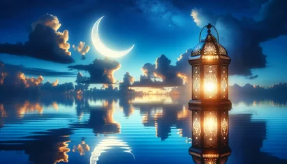 Tuinposter Ramadan decoration lantern with cloudy sky and beautiful crescent moon at night © Riz