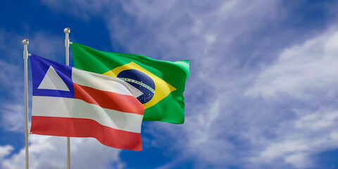 Official flags of the country Brazil and federal state of Bahia. Swaying in the wind under the blue sky. 3d rendering