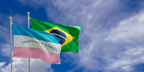 Official flags of the country Brazil and federal state of Espirito Santo. Swaying in the wind under the blue sky. 3d rendering