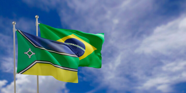 Official flags of the country Brazil and federal state of Amapa. Swaying in the wind under the blue sky. 3d rendering
