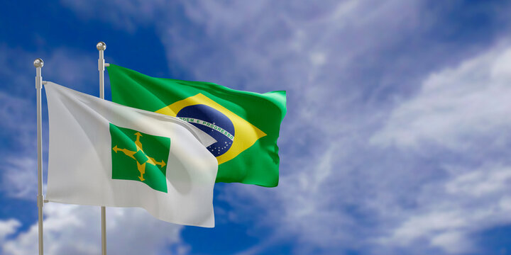 Official flags of the country Brazil and the Distrito Federal. Swaying in the wind under the blue sky. 3d rendering