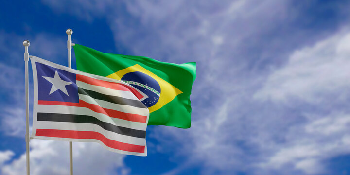 Official flags of the country Brazil and federal state of Maranhao. Swaying in the wind under the blue sky. 3d rendering