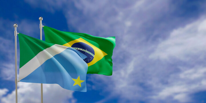 Official flags of the country Brazil and federal state of Mato Grosso Sul. Swaying in the wind under the blue sky. 3d rendering