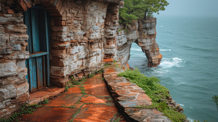 A stone building with a blue door perched on a cliff, overlooking the ocean. The red stone path and surrounding vegetation enhance the natural beauty.