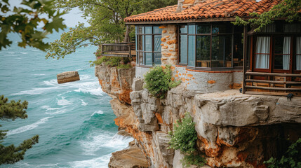 Fototapeta premium The Cliffside Restaurant is perched on a cliff overlooking the ocean. It is a unique restaurant that offers a stunning view of the ocean and the surrounding area