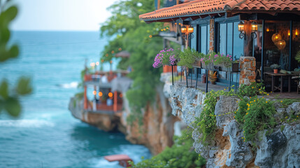 Fototapeta premium The Cliffside Restaurant is perched on a cliff overlooking the ocean. It is a unique restaurant that offers a stunning view of the ocean and the surrounding area