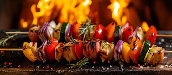 Delicious Tasty Vegetable Skewers Sizzle on the Front of a Cozy Fireplace