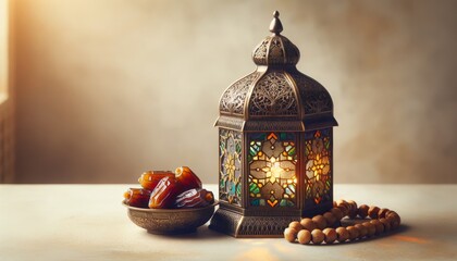 Ramadan decoration lanterns, dates and prayer beads on an isolated bright background