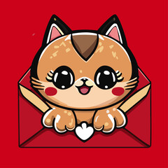falt chibi cute cat isolated on a red lucky envelope