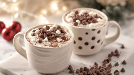 Indulge in a decadent treat with a hot chocolate sprinkled with mini chocolate chips and served with a darling polka dot s.