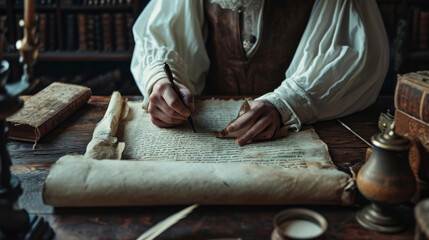 An angelic scribe carefully copying spells and incantations from an ancient scroll onto a fresh sheet of parchment. Their surroundings are filled with magical artifacts and