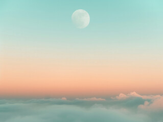 Obraz premium minimal scenic view of sunset sky with moon, ivory/blue color palette, muted colors, simple, ethereal, no clouds, no sun Ai generative 