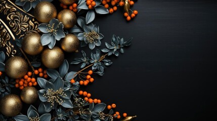 Top view of Christmas decorations with light bulb ornaments and plants