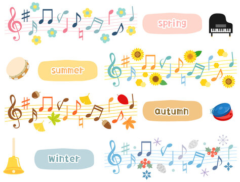 春夏秋冬の音楽会や音楽をイメージした植物と楽器のイラストのセット