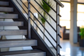 Close-up of an elegant steel stair railing with a polished texture and meticulous details. Close perspective of contemporary steel stair handrail.