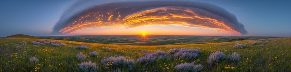 Expansive Sky with Sunset and Flower Field