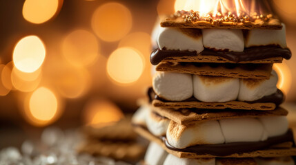 Layers of gooey marshmallow and creamy chocolate smushed between two squares of honeyed graham crackers reminiscent of cozy nights by the fire. - obrazy, fototapety, plakaty