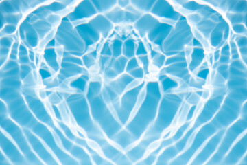 Fototapeta na wymiar Water surface. Bluewater waves on the surface ripples blurred. Defocus blurred transparent blue colored clear calm water surface texture with splash and bubbles. Water waves with shining pattern.