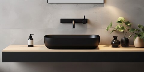 Black matte sink and wall mounted basin tap in bathroom photo.