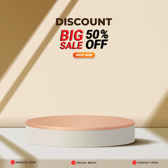 discount big sale template banner with copy space 3d podium for product sale with abstract gradient brown and white background design