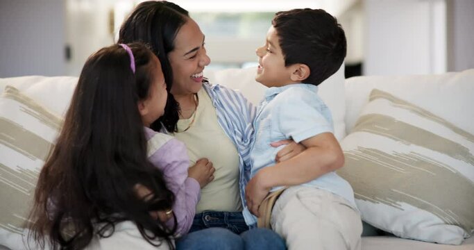 Running, sofa or mom with children to hug in home for care, safety or bonding together to relax. Smile, siblings or happy single parent mother with kids for support, trust or security in family house