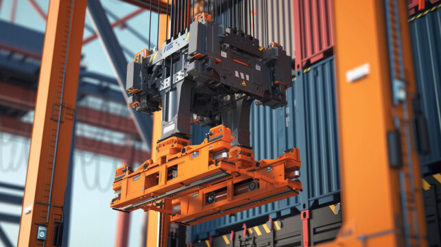 A closeup of a revolutionary new straddle carrier with an extended reach enabling it to handle taller and wider containers.