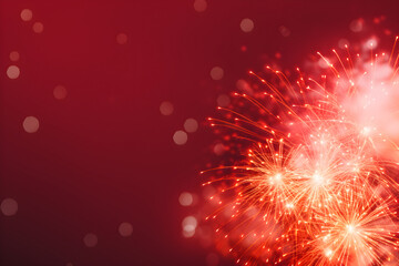 Holiday background with red fireworks pyrotechnics on blurred background with lights, sparks and firecrackers. Summer festival Natsumatsuri, Chinese New Year. Celebration New Year's Eve, Christmas