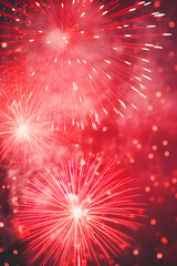 Fototapeta premium Holiday background with red fireworks pyrotechnics on blurred background with lights, sparks and firecrackers. Summer festival Natsumatsuri, Chinese New Year. Celebration New Year's Eve, Christmas
