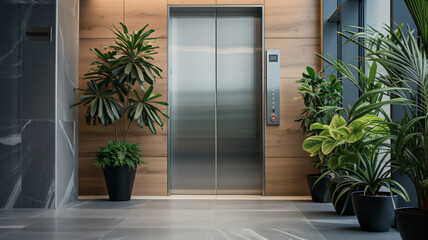 a closed office elevator door with potted plants