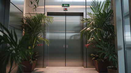 a closed office elevator door with potted plants