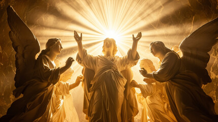 A group of angels gathered around a holy figure their faces aglow with adoration and reverence.