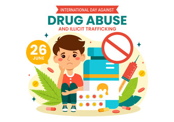Fototapeta premium International Day Against Drug Abuse and Illicit Trafficking Vector Illustration with Anti Narcotics to Avoid Drugs and Medicines in Flat Background