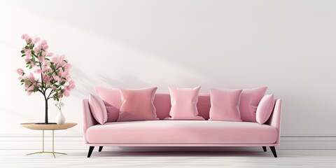 Contemporary minimalist living room with pink sofa, table, flowers against white wall. Classic spacious living room with velvet sofa. Cozy home decor.