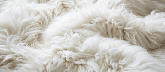 Sheepskin cloth for interior decoration with a soft, fluffy texture in white fur.